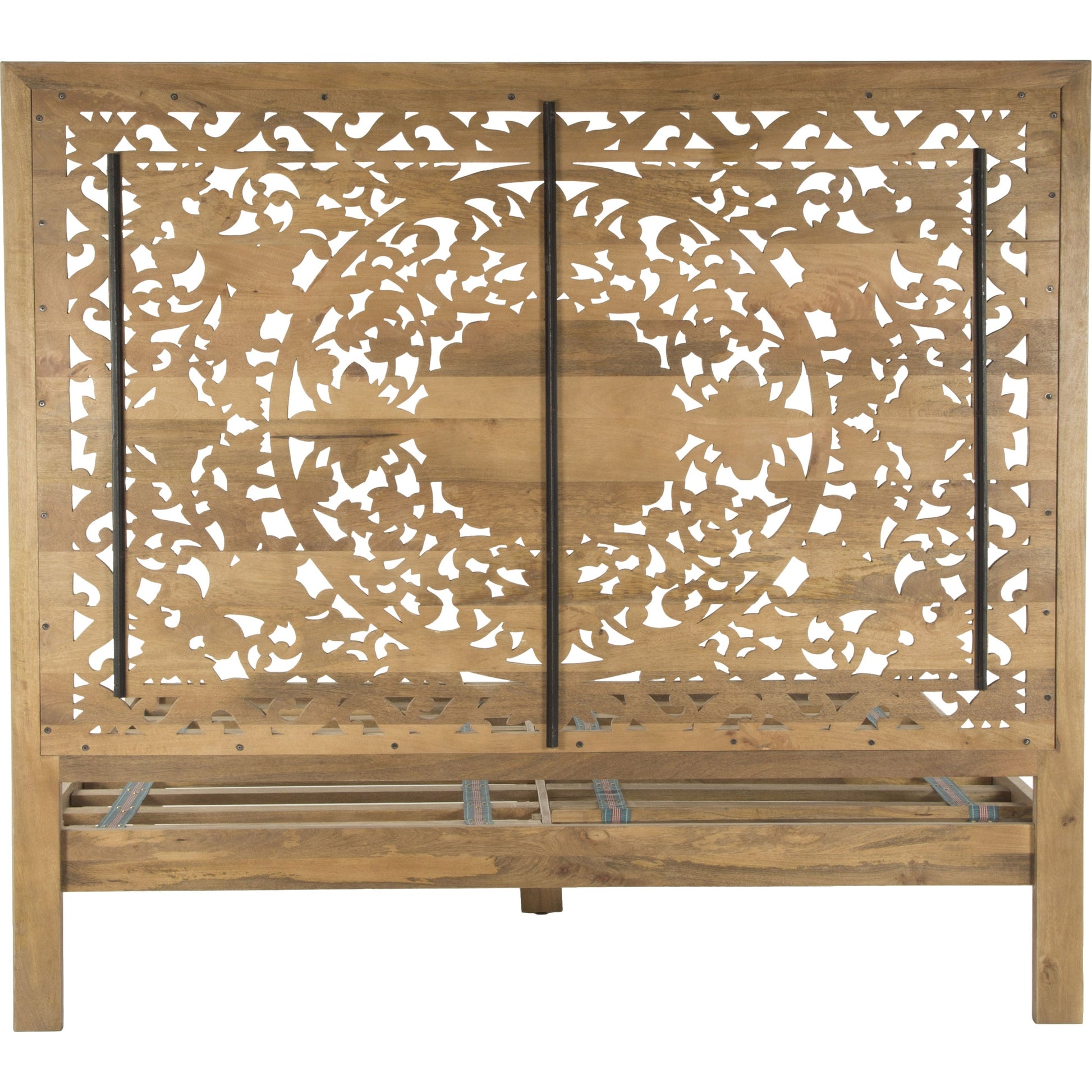 Haveli Handcarved Bed by World Interiors in brown and weathered whitewash. Made from mango wood in a cottage & farmhouse style.