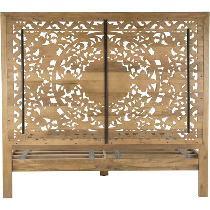 Haveli Handcarved Bed by World Interiors in brown and weathered whitewash. Made from mango wood in a cottage & farmhouse style.