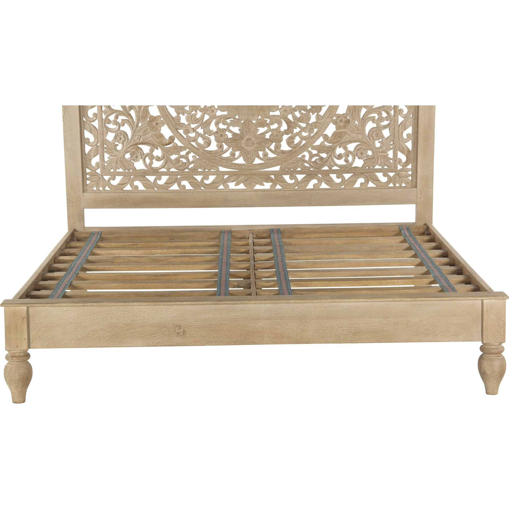 Haveli Handcarved Bed by World Interiors in brown and weathered whitewash. Made from mango wood in a cottage & farmhouse style.