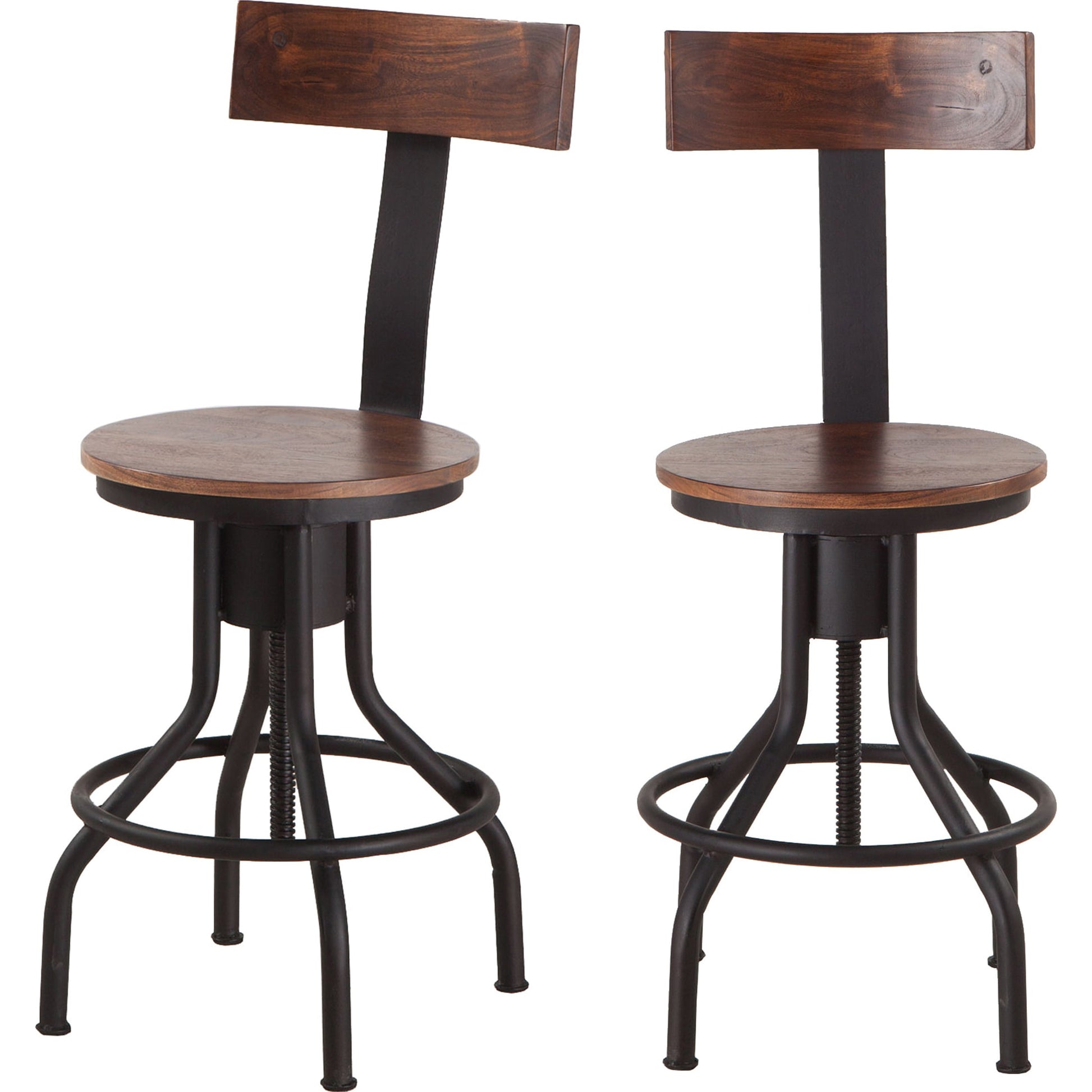Artezia Adjustable Bar Stools by World Interiors in brown and walnut, antique zinc. Made from acacia wood, iron in a modern style.