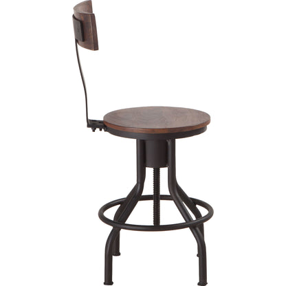 Artezia Adjustable Bar Stools by World Interiors in brown and walnut, antique zinc. Made from acacia wood, iron in a modern style.