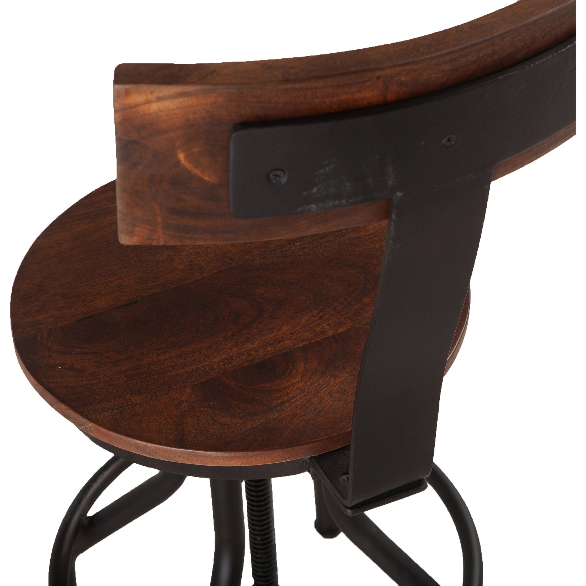 Artezia Adjustable Bar Stools by World Interiors in brown and walnut, antique zinc. Made from acacia wood, iron in a modern style.