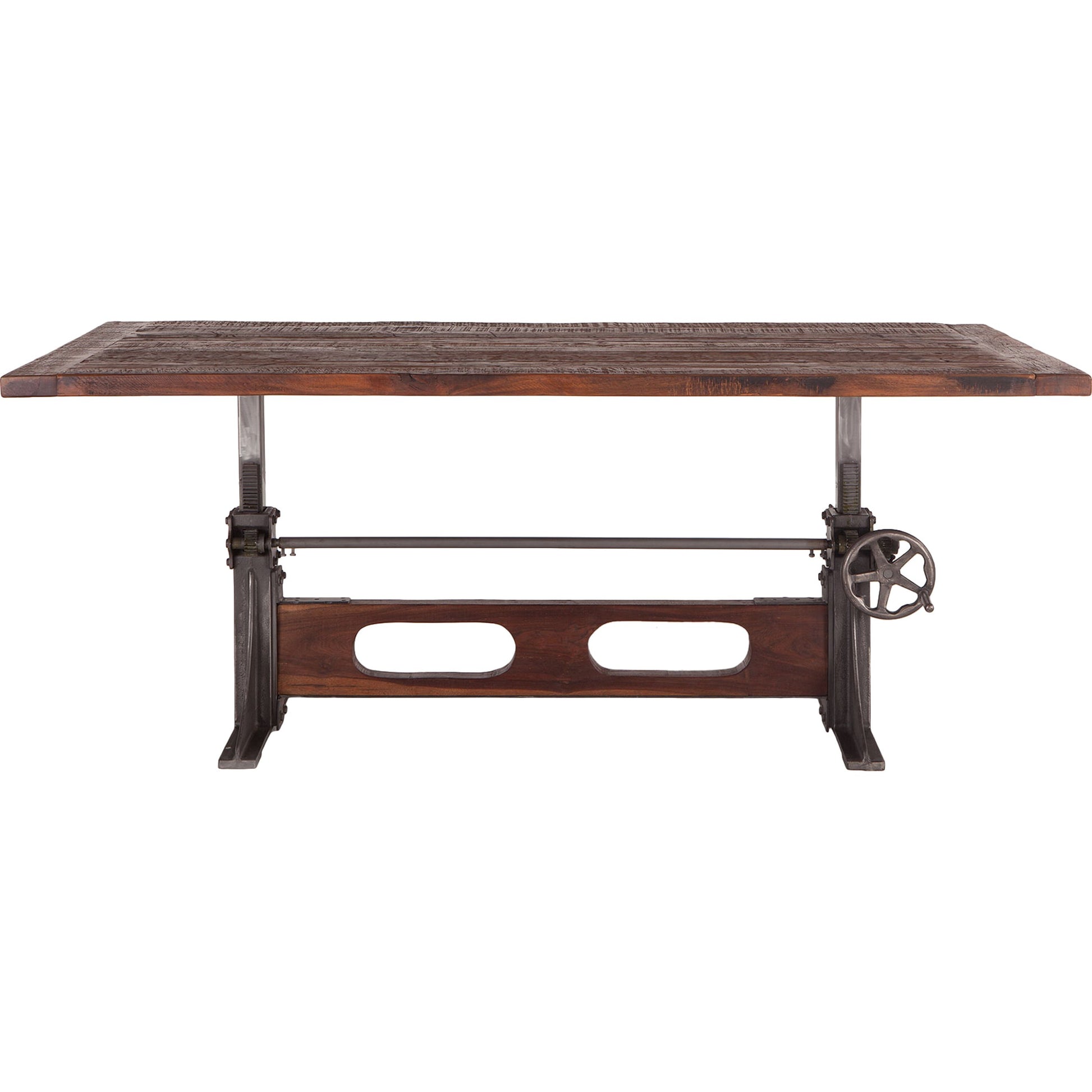 Welles Adjustable Dining Table by World Interiors in brown and weathered russet, gunmetal. Made from teak wood, cast iron in a modern style.