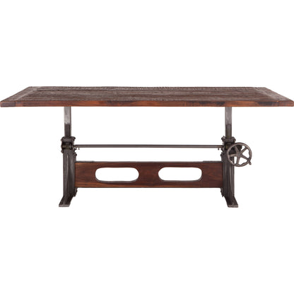 Welles Adjustable Dining Table by World Interiors in brown and weathered russet, gunmetal. Made from teak wood, cast iron in a modern style.