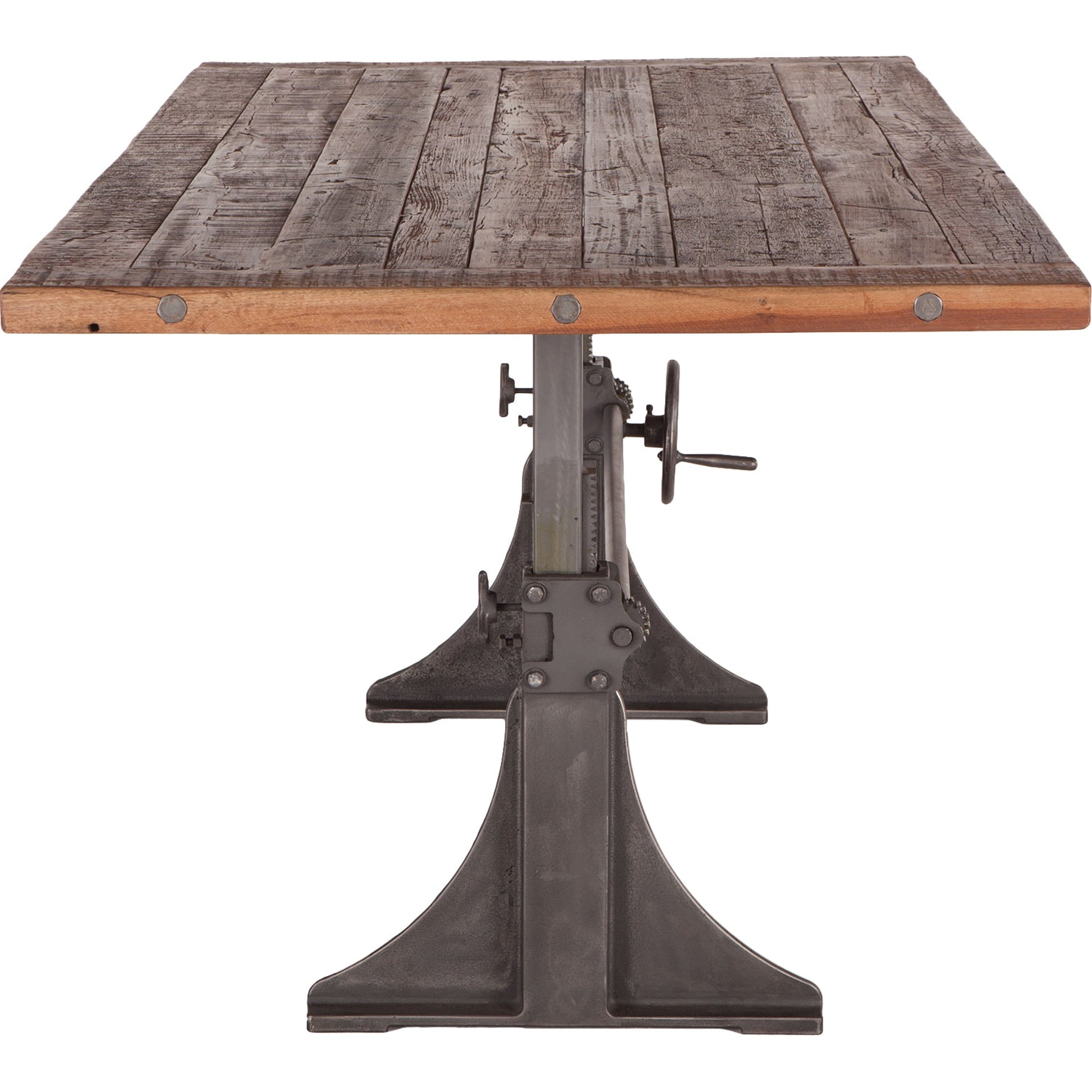 Welles Adjustable Dining Table by World Interiors in brown and weathered russet, gunmetal. Made from teak wood, cast iron in a modern style.