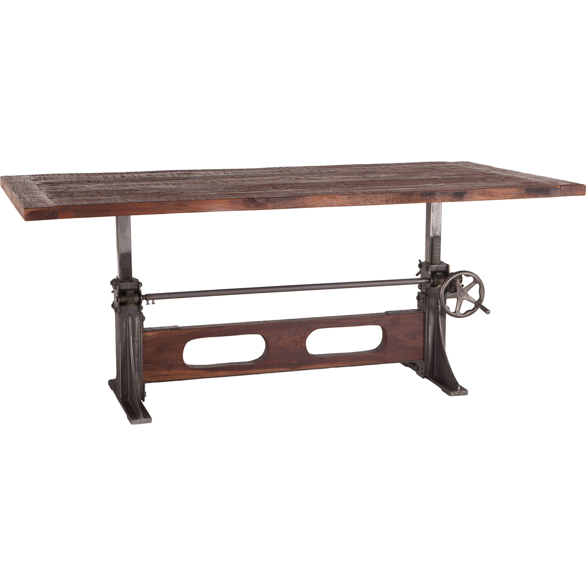 Welles Adjustable Dining Table by World Interiors in brown and weathered russet, gunmetal. Made from teak wood, cast iron in a modern style.