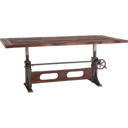 Welles Adjustable Dining Table by World Interiors in brown and weathered russet, gunmetal. Made from teak wood, cast iron in a modern style.