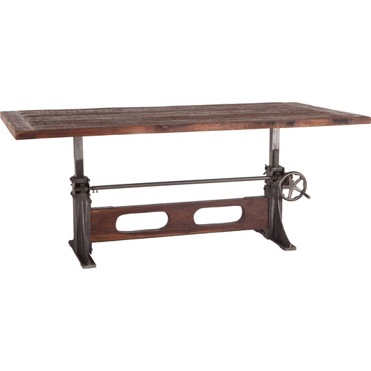 Welles Adjustable Dining Table by World Interiors in brown and weathered russet, gunmetal. Made from teak wood, cast iron in a modern style.
