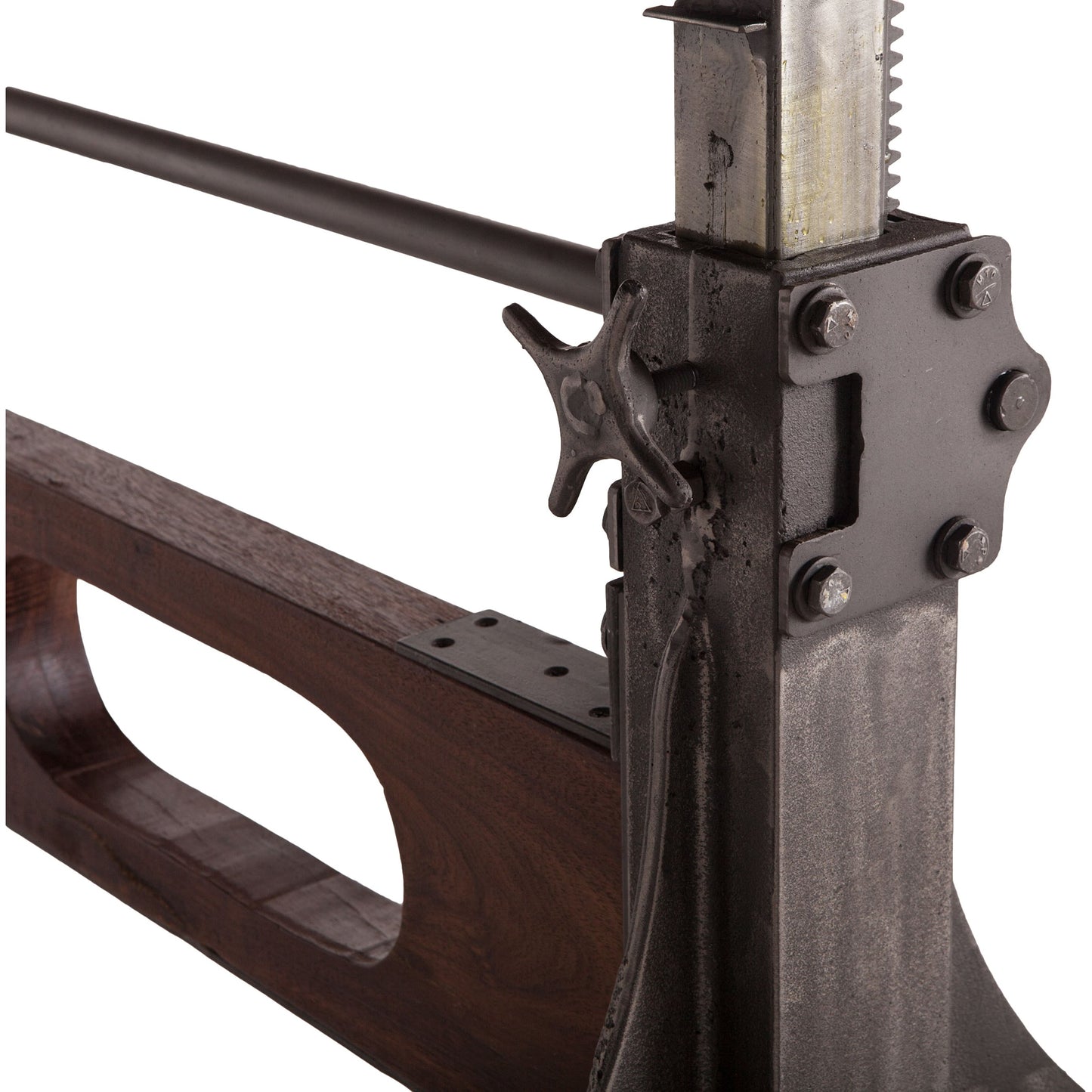 007 SR-877179 | Closeup | Welles Adjustable Dining Table by World Interiors in brown and weathered russet, gunmetal. Made from teak wood, cast iron in a modern style.