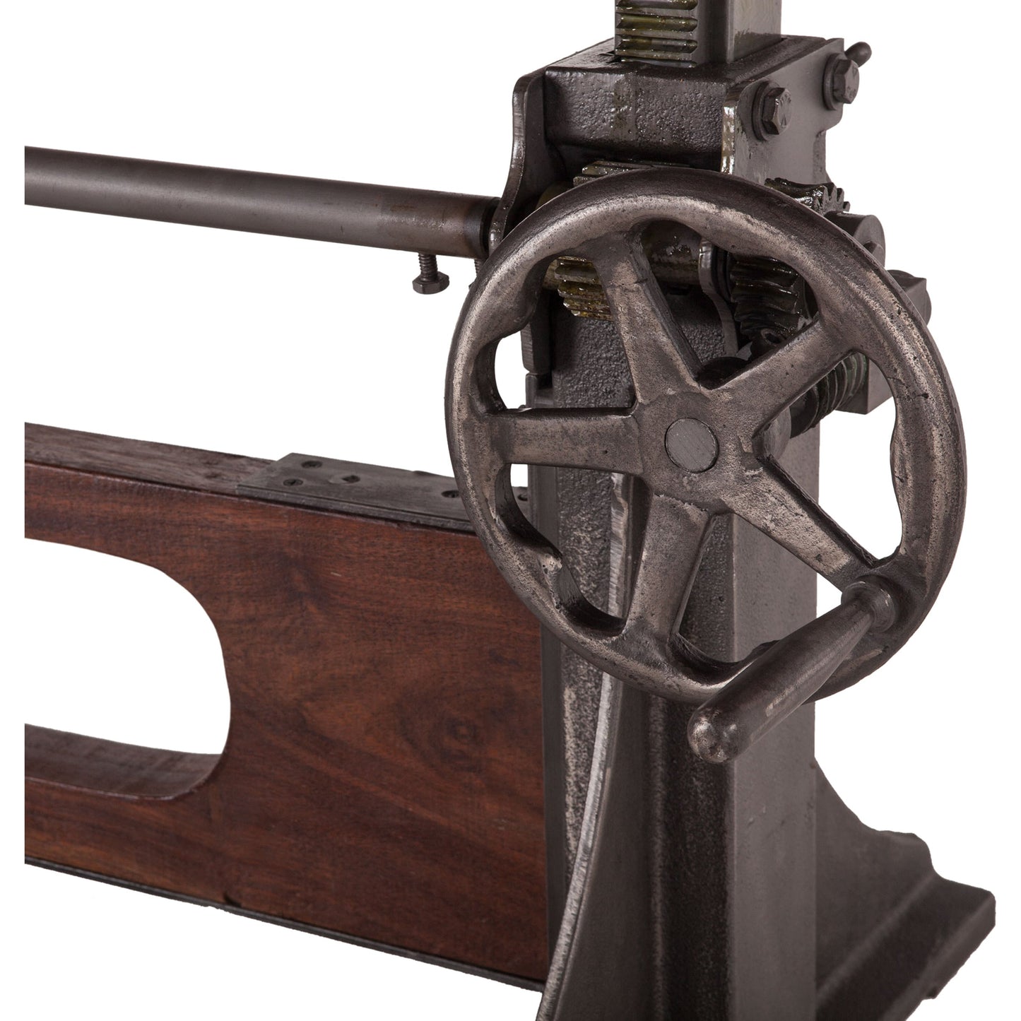 004 SR-877179 | Closeup | Welles Adjustable Dining Table by World Interiors in brown and weathered russet, gunmetal. Made from teak wood, cast iron in a modern style.