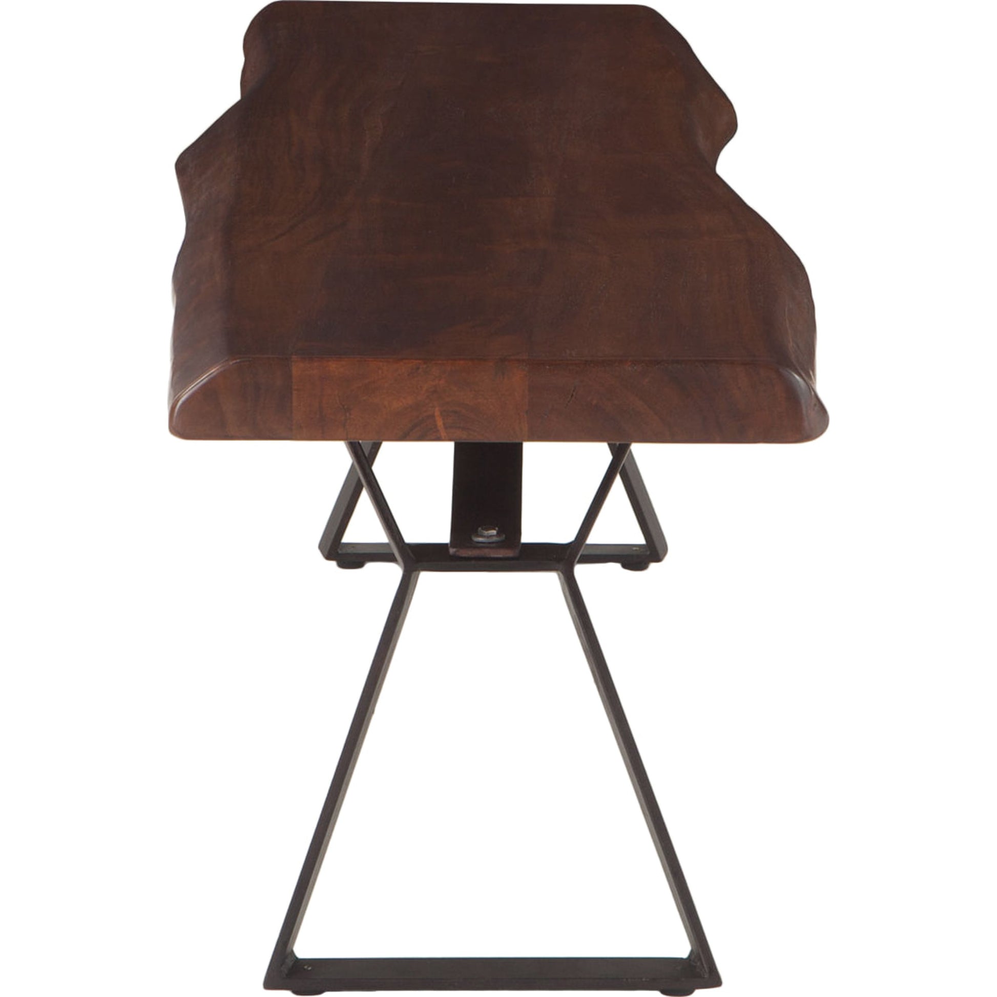 Nottingham Dining Bench by World Interiors in brown and walnut, antique zinc. Made from acacia wood, iron in a modern style.