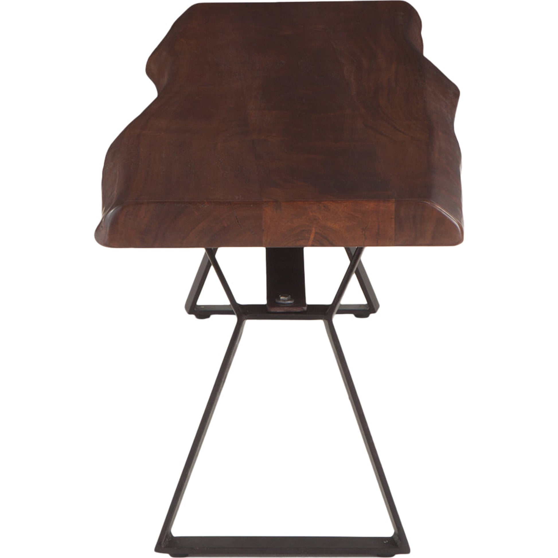 Nottingham Dining Bench by World Interiors in brown and walnut, antique zinc. Made from acacia wood, iron in a modern style.