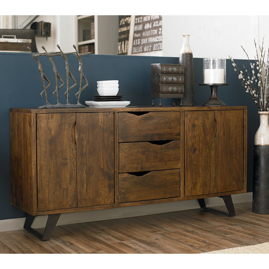 Nottingham Sideboard by World Interiors in brown and walnut, antique zinc. Made from acacia wood, iron in a modern style.