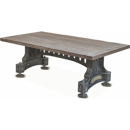 Sterling Cast Iron Coffee Table by World Interiors in gray and concrete, rustic natural patina. Made from cast iron, teak wood in a modern style.