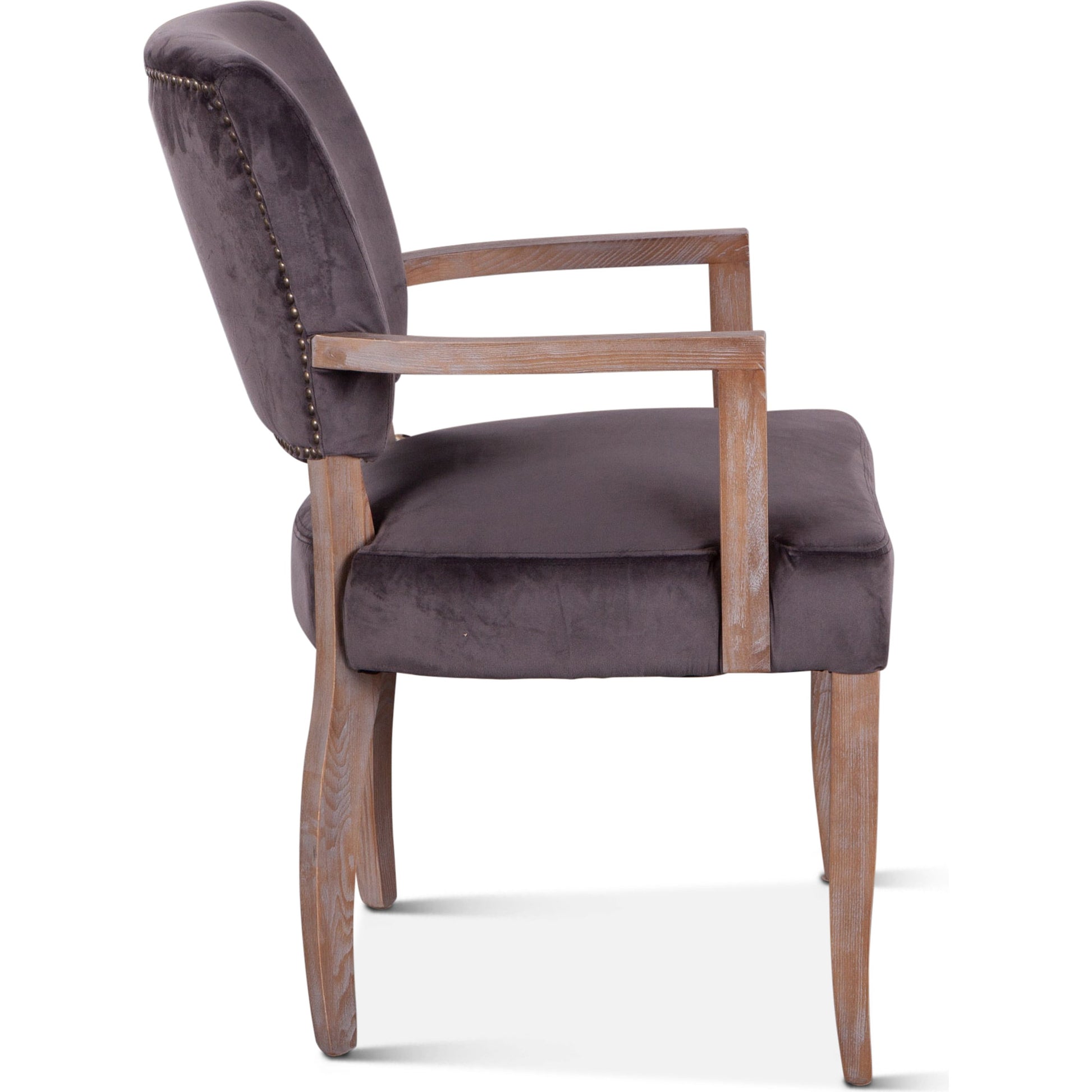 Portia Armchair by World Interiors in dark gray, whitewash and whitewash. Made from oak wood, velvet in a modern style.