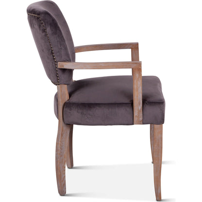 Portia Armchair by World Interiors in dark gray, whitewash and whitewash. Made from oak wood, velvet in a modern style.