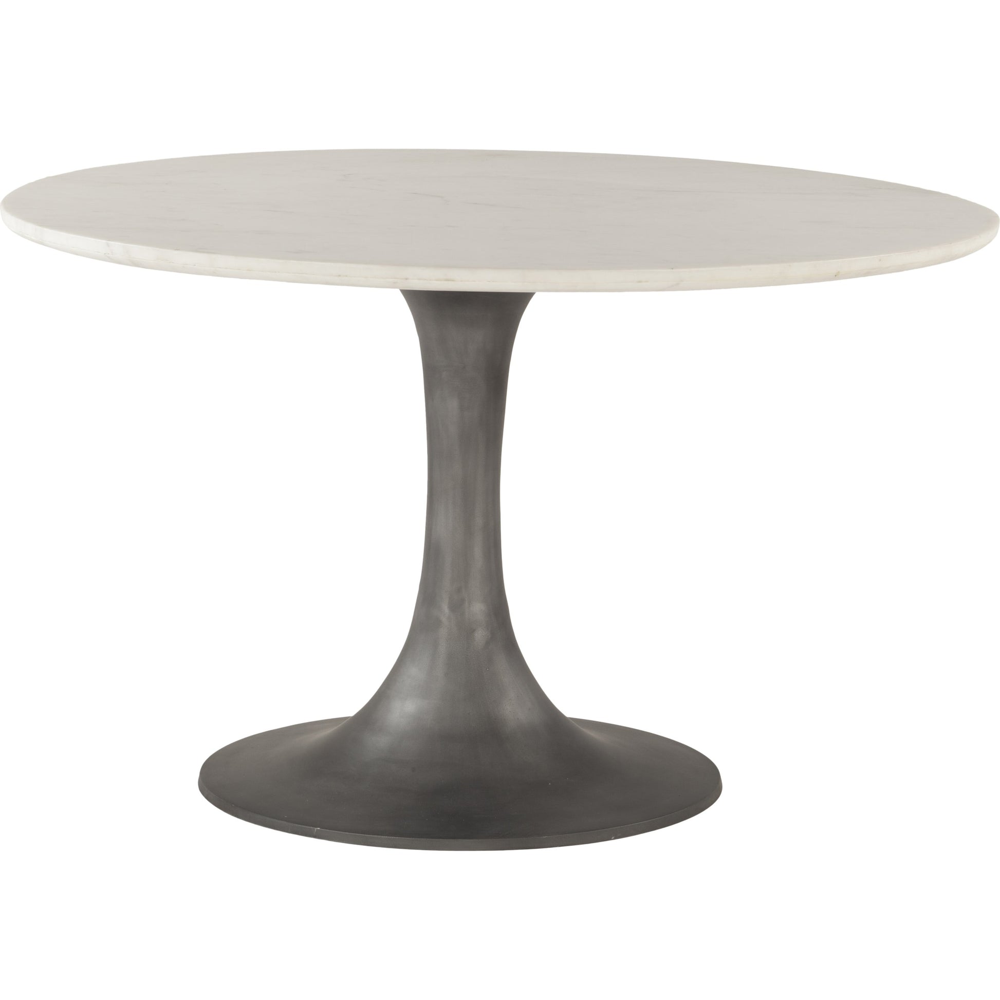 Palm Desert Marble Dining Table with Tulip Base by World Interiors in white and gunmetal. Made from marble, aluminum in a modern style.