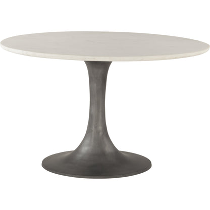 Palm Desert Marble Dining Table with Tulip Base by World Interiors in white and gunmetal. Made from marble, aluminum in a modern style.