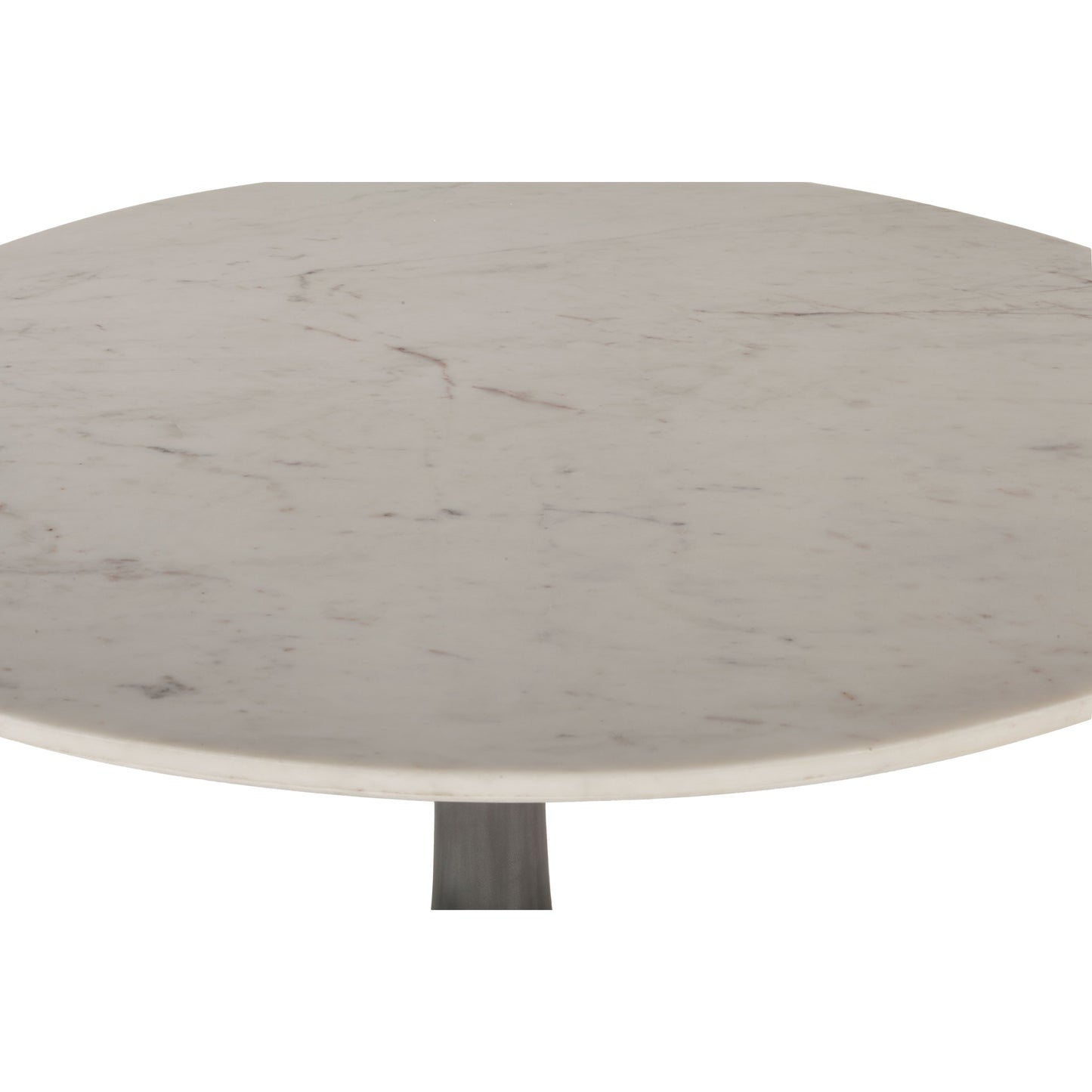 002 SR-877080 | Closeup | Palm Desert Marble Dining Table with Tulip Base by World Interiors in white and gunmetal. Made from marble, aluminum in a modern style.