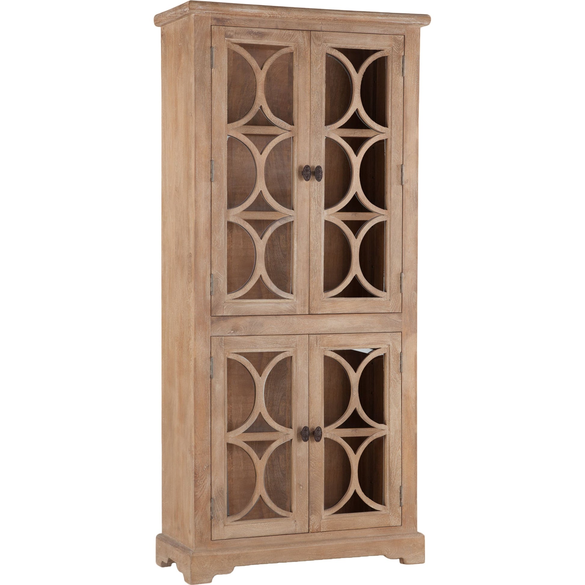 Pengrove Tall Cabinet by World Interiors in light brown and antique oak. Made from mango wood, glass in a transitional style.