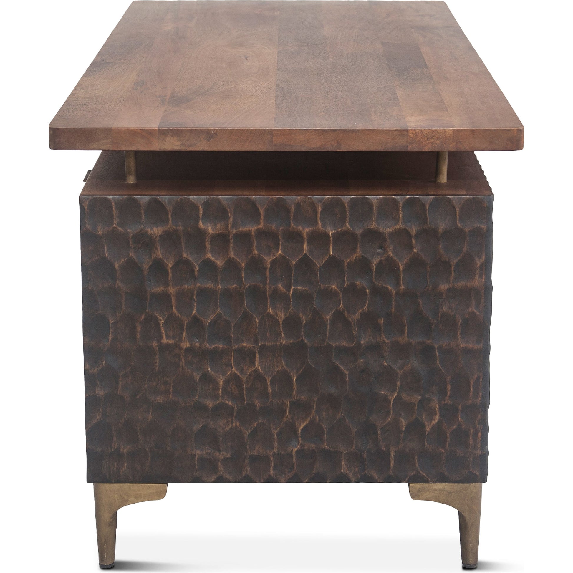 Vallarta Desk by World Interiors in brown and two tone, bronze. Made from mango wood, cast aluminum in a modern style.