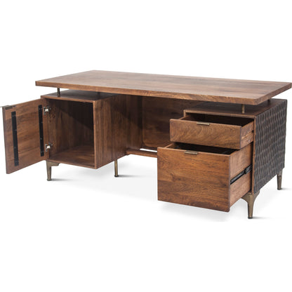 Vallarta Desk by World Interiors in brown and two tone, bronze. Made from mango wood, cast aluminum in a modern style.