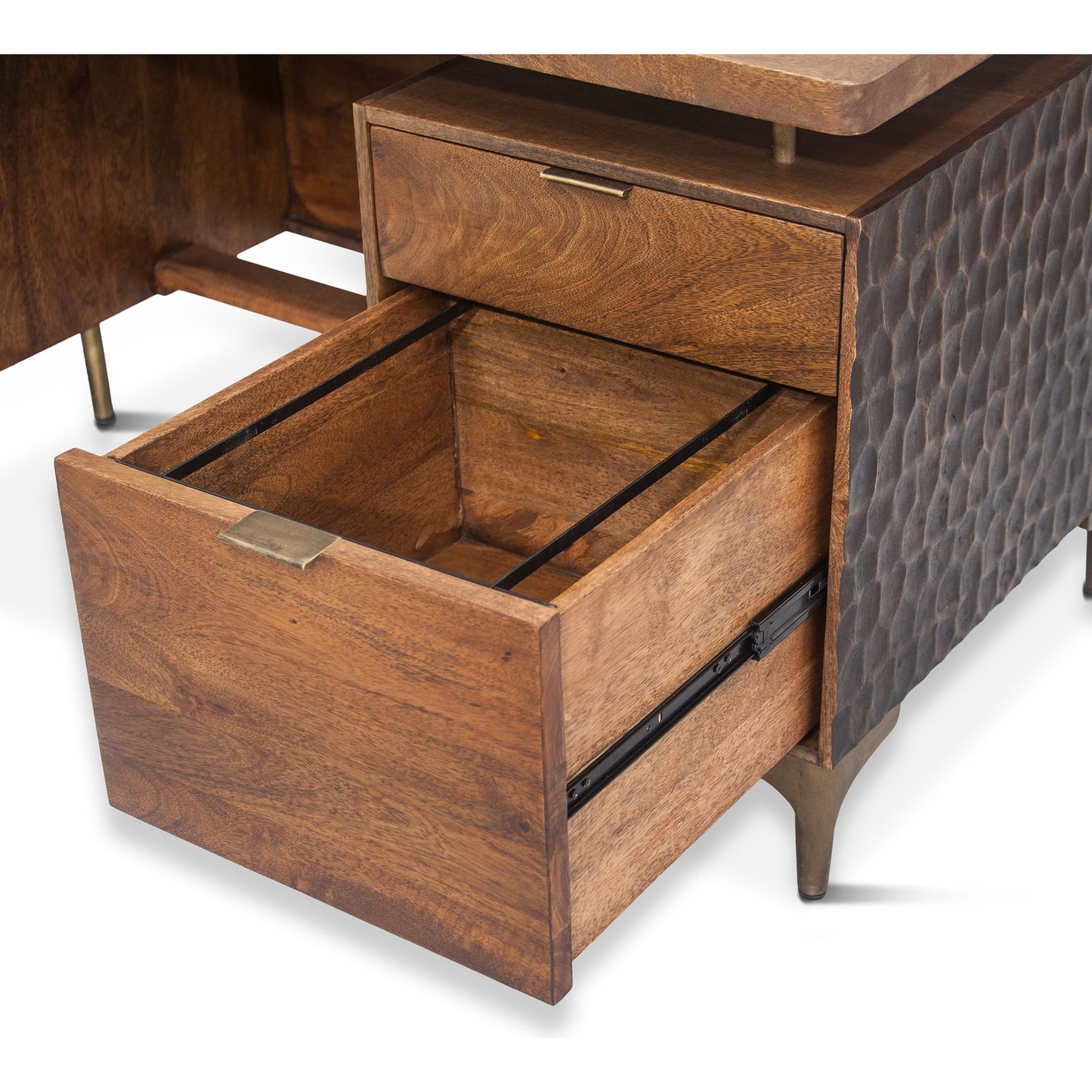 007 SR-877173 | Closeup | Vallarta Desk by World Interiors in brown and two tone, bronze. Made from mango wood, cast aluminum in a modern style.