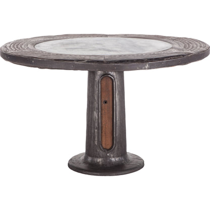 Welles Round Industrial Steampunk Dining Table by World Interiors in gray and natural patina. Made from teak wood, marble, cast iron in a modern style.