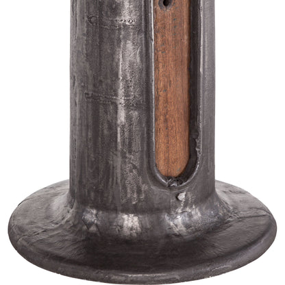 Welles Round Industrial Steampunk Dining Table by World Interiors in gray and natural patina. Made from teak wood, marble, cast iron in a modern style.