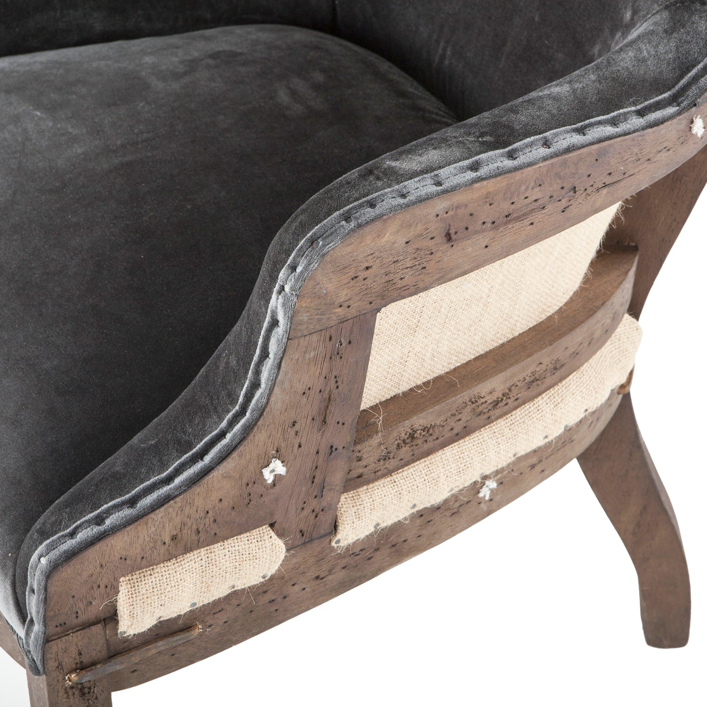 006 SR-876909 | Closeup | Charles Velvet Armchair by World Interiors in dark gray and oak. Made from oak wood, velvet, burlap in a modern style.