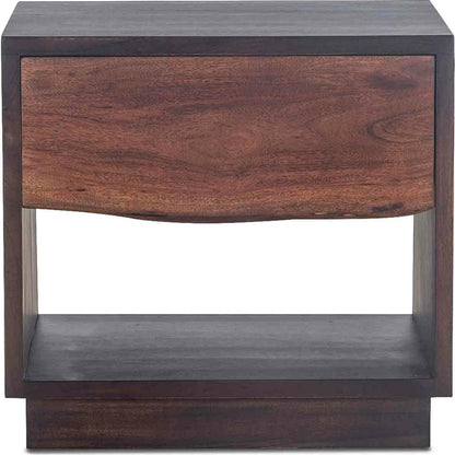 Palermo Night Chest by World Interiors in brown and raw walnut, ebony. Made from acacia wood, iron in a modern style.