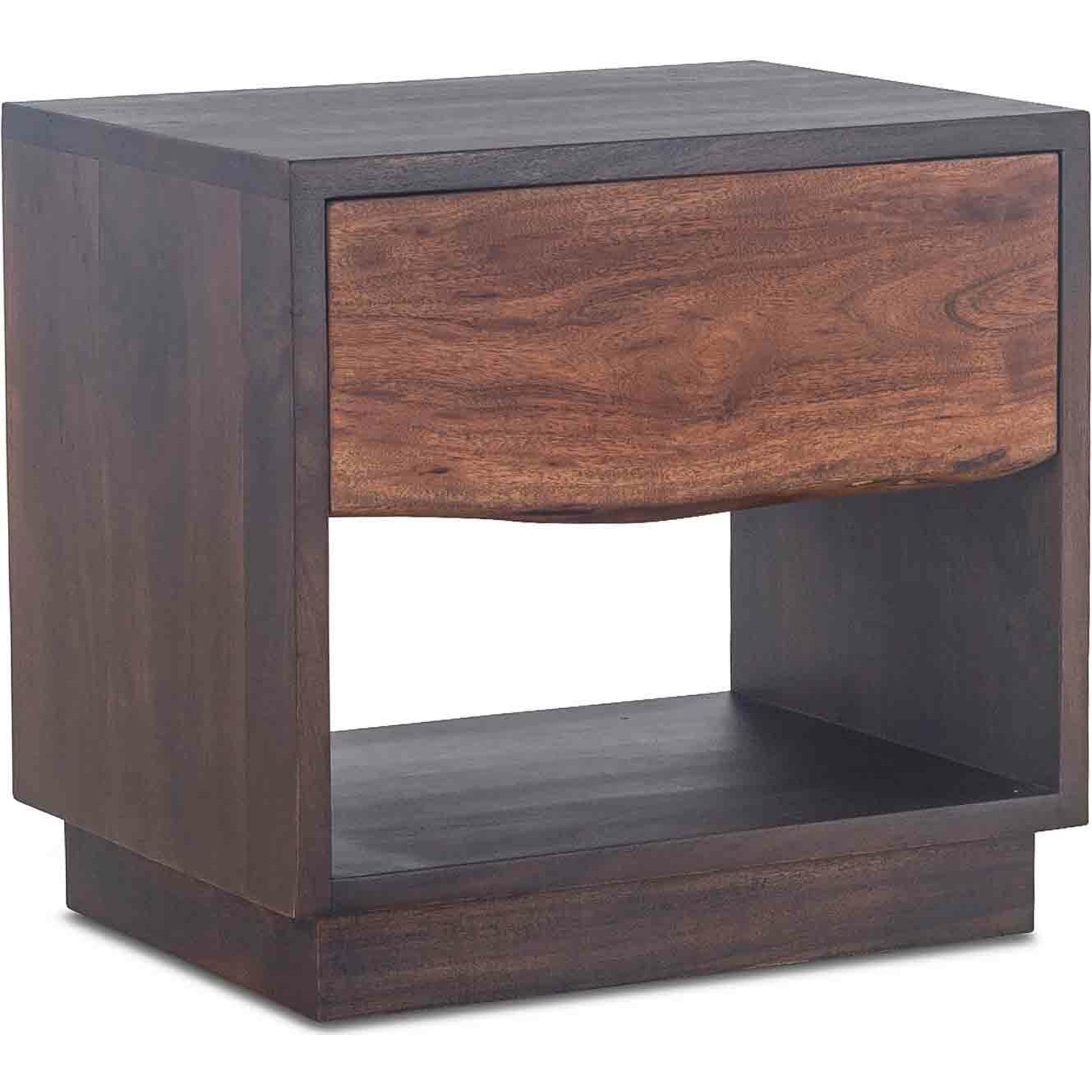 Palermo Night Chest by World Interiors in brown and raw walnut, ebony. Made from acacia wood, iron in a modern style.