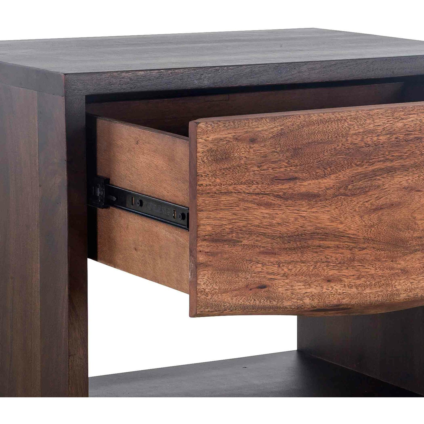 006 SR-877079 | Closeup | Palermo Night Chest by World Interiors in brown and raw walnut, ebony. Made from acacia wood, iron in a modern style.