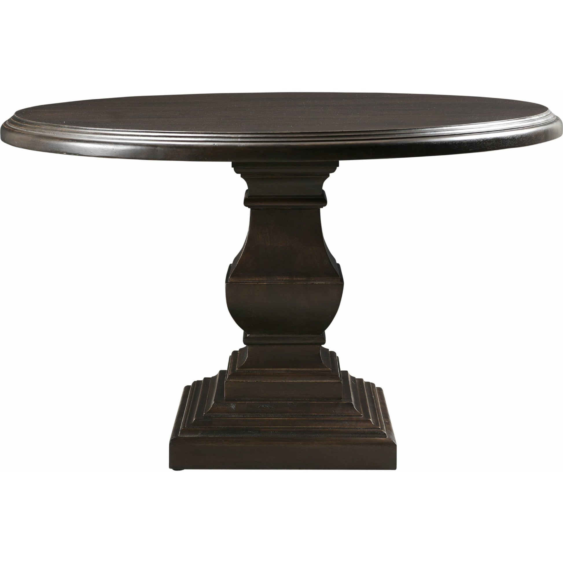 Toulon Round Dining Table by World Interiors in dark brown and vintage brown. Made from mango wood in a transitional style.