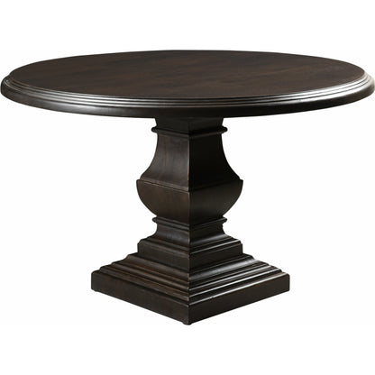 Toulon Round Dining Table by World Interiors in dark brown and vintage brown. Made from mango wood in a transitional style.