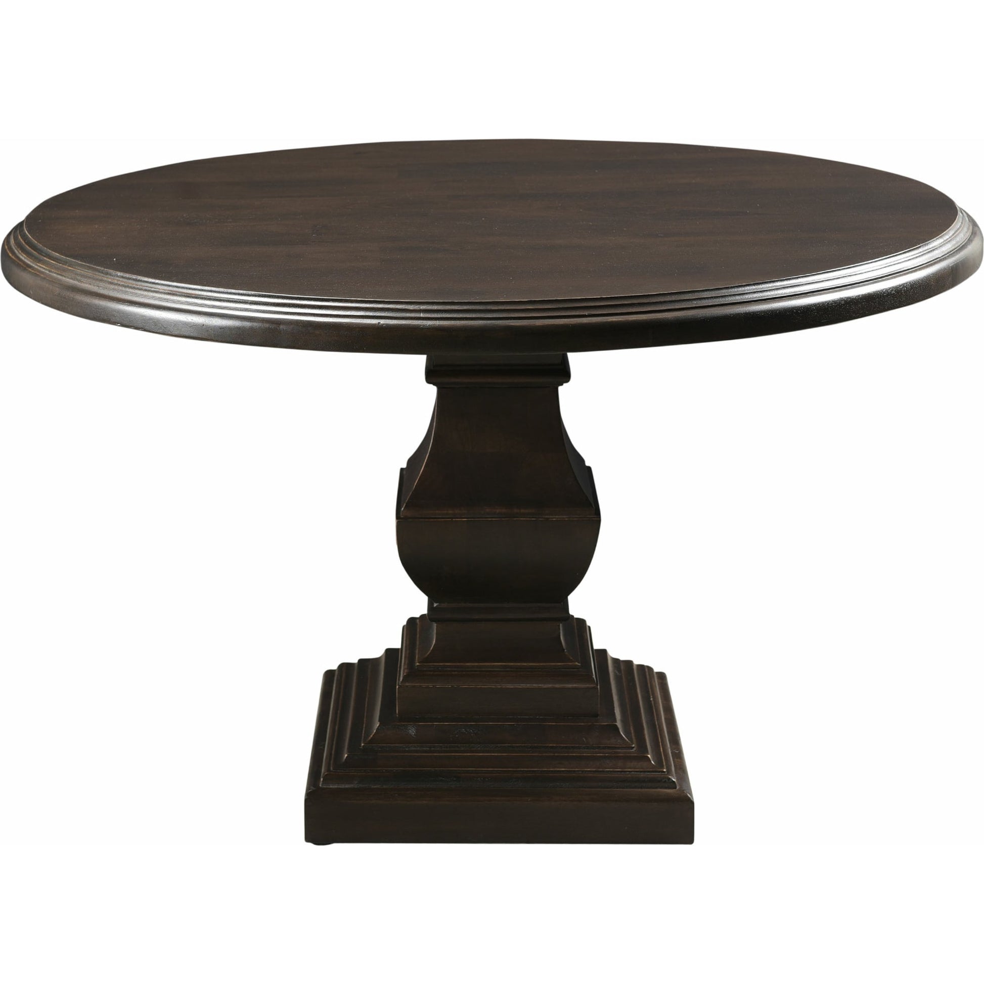 Toulon Round Dining Table by World Interiors in dark brown and vintage brown. Made from mango wood in a transitional style.