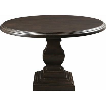 Toulon Round Dining Table by World Interiors in dark brown and vintage brown. Made from mango wood in a transitional style.