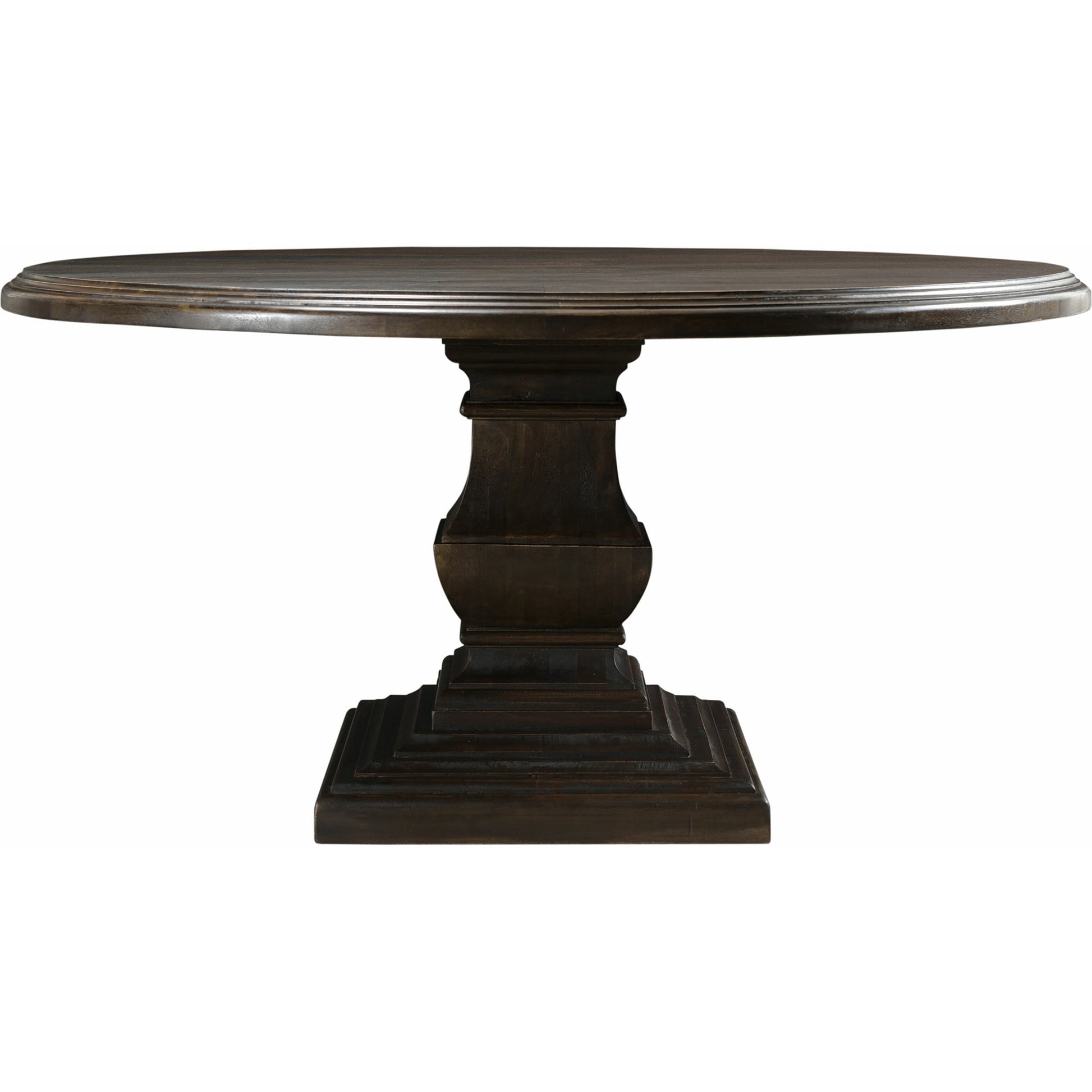Toulon Round Dining Table by World Interiors in dark brown and vintage brown. Made from mango wood in a transitional style.