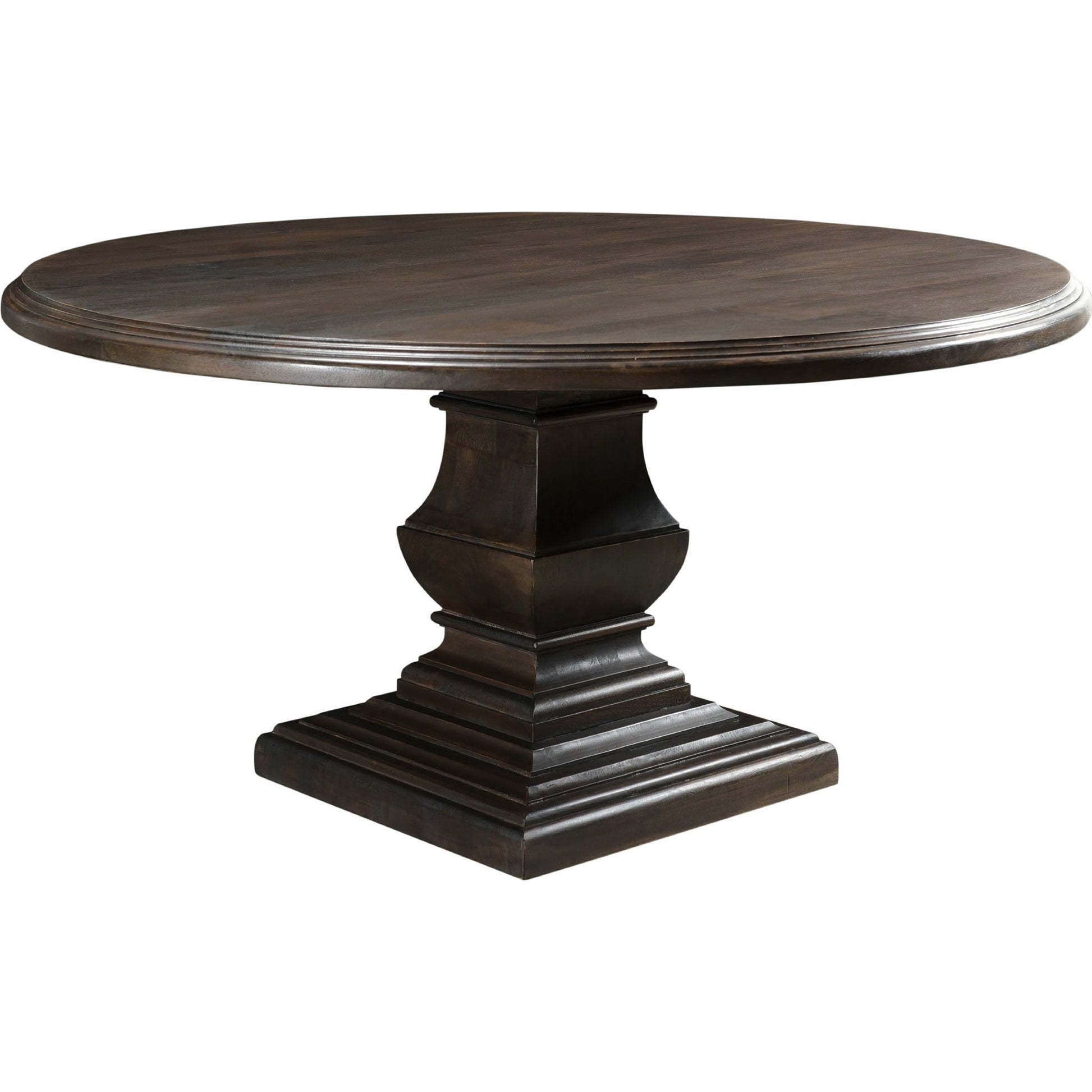 Toulon Round Dining Table by World Interiors in dark brown and vintage brown. Made from mango wood in a transitional style.