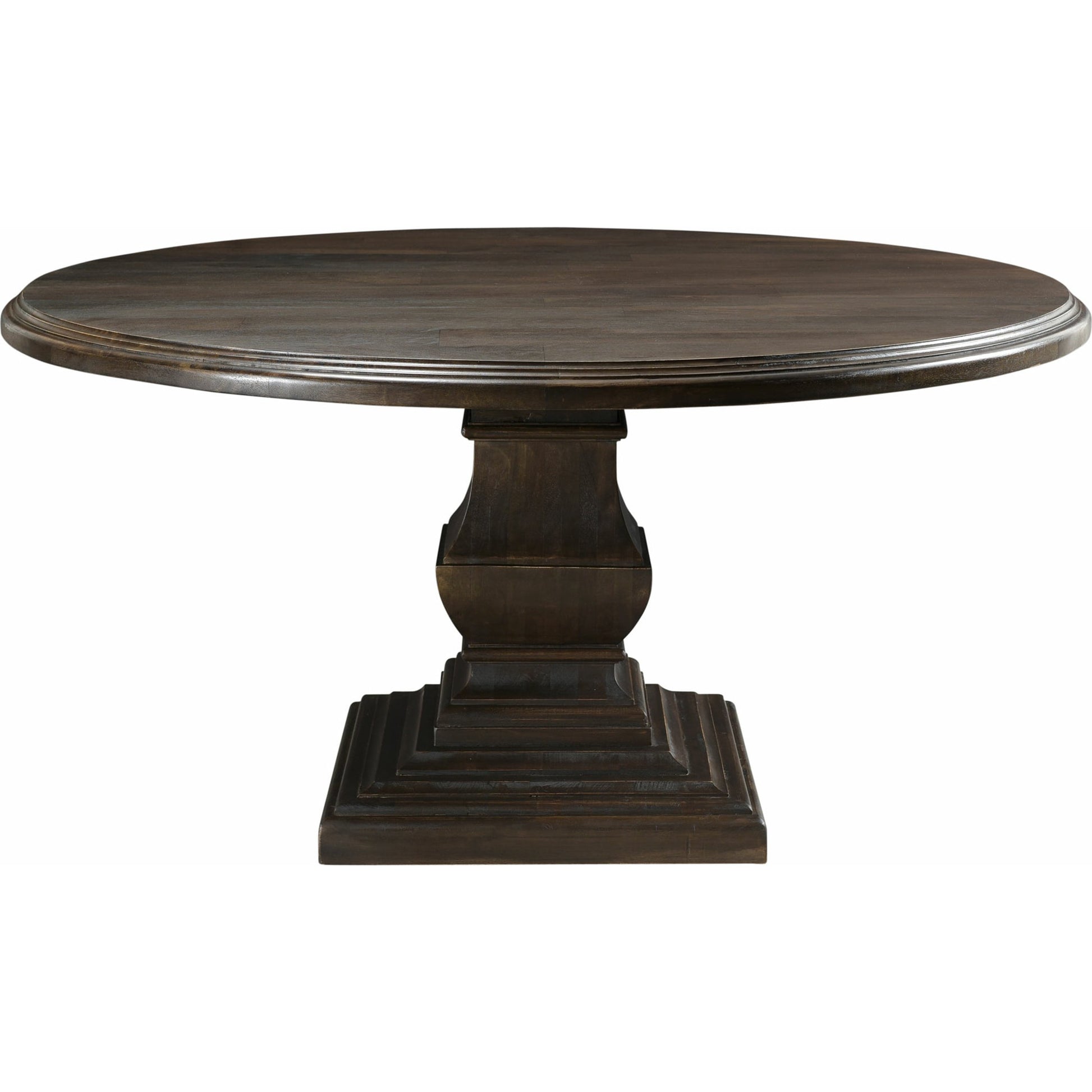Toulon Round Dining Table by World Interiors in dark brown and vintage brown. Made from mango wood in a transitional style.