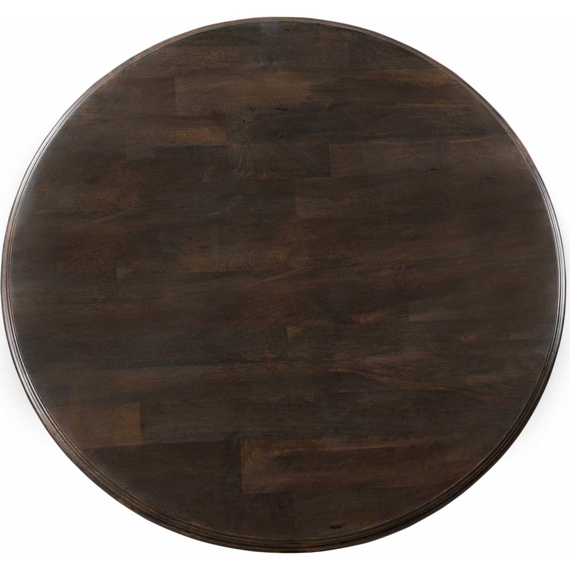 Toulon Round Dining Table by World Interiors in dark brown and vintage brown. Made from mango wood in a transitional style.