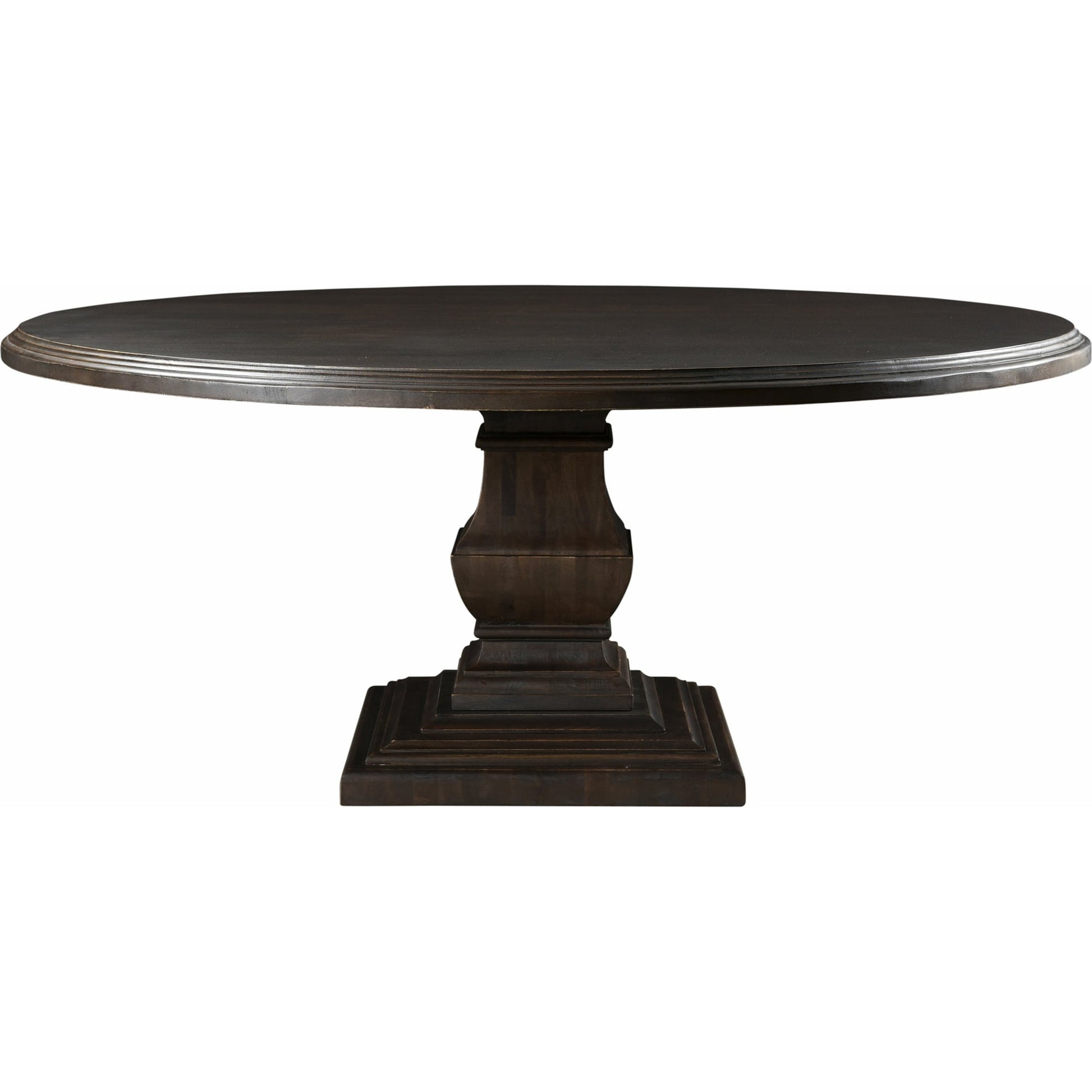 Toulon Round Dining Table by World Interiors in dark brown and vintage brown. Made from mango wood in a transitional style.