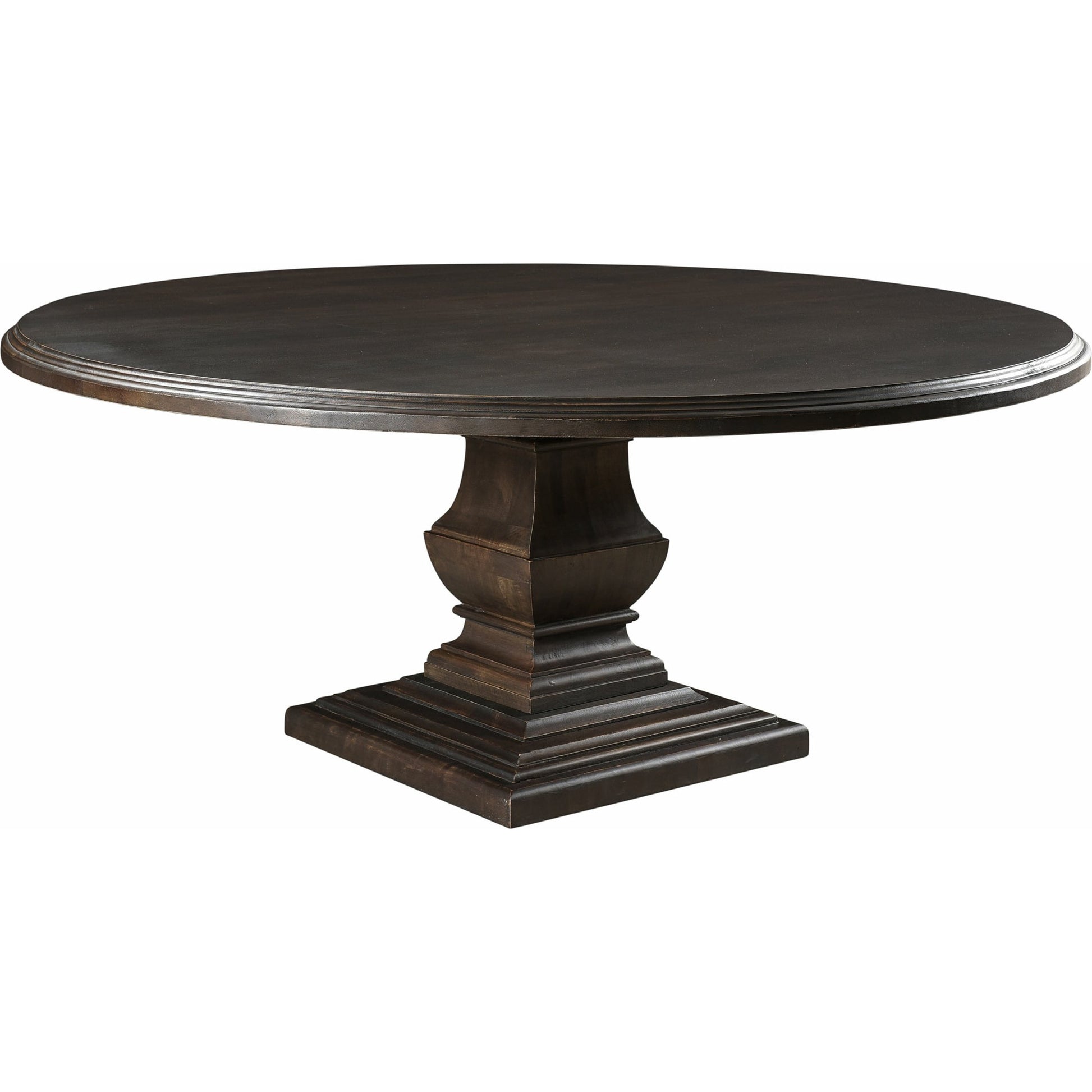 Toulon Round Dining Table by World Interiors in dark brown and vintage brown. Made from mango wood in a transitional style.
