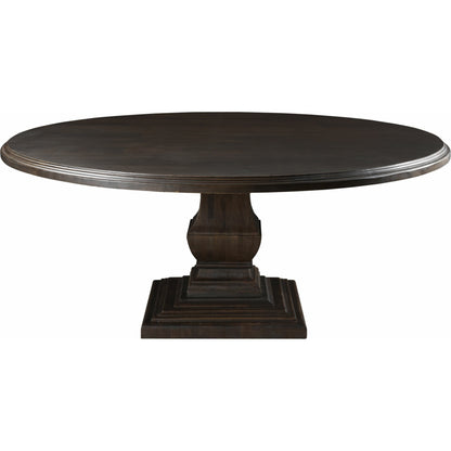 Toulon Round Dining Table by World Interiors in dark brown and vintage brown. Made from mango wood in a transitional style.