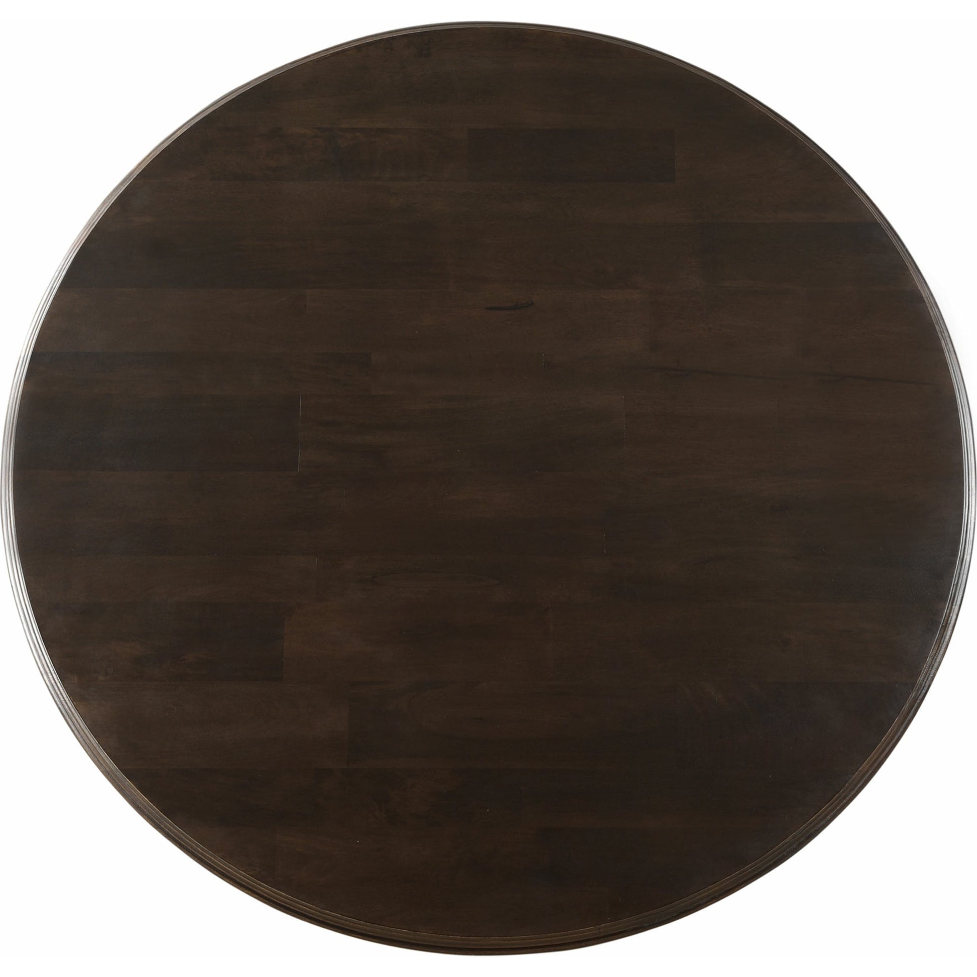 Toulon Round Dining Table by World Interiors in dark brown and vintage brown. Made from mango wood in a transitional style.