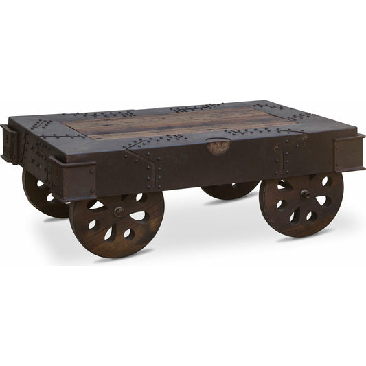 Sterling Reclaimed Iron Wheeled Coffee Table by World Interiors in orange and antique rust. Made from neem wood, reclaimed iron in a modern style.