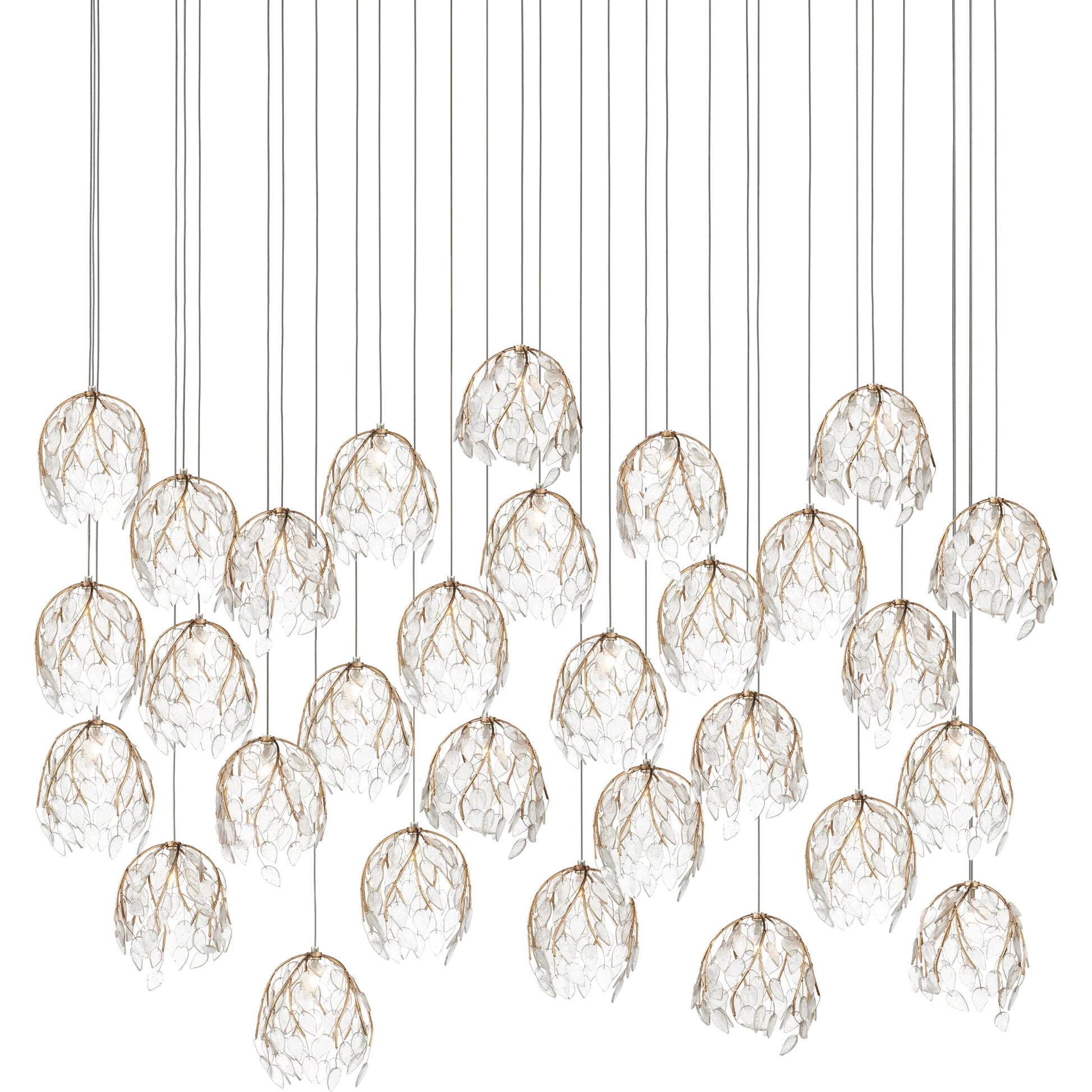 Banyan 30-Light Linear Multi-Drop Pendant by Currey and Company in antique brass, clear, silver. Made from metal, glass in a modern style.