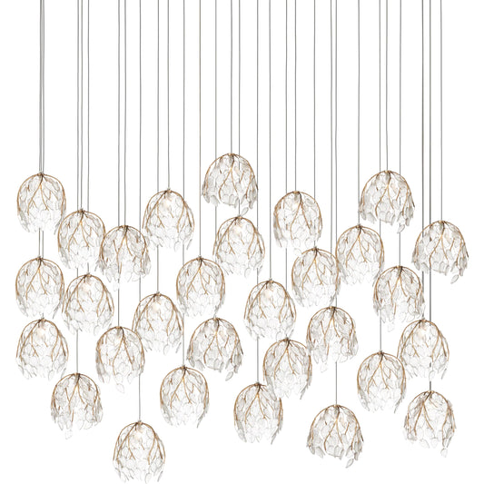 Banyan 30-Light Linear Multi-Drop Pendant by Currey and Company in antique brass, clear, silver. Made from metal, glass in a modern style.