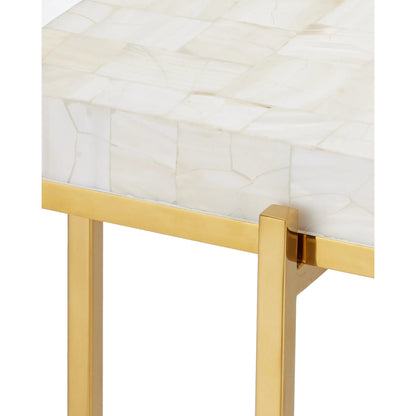 Casey Mother of Pearl Accent Table by Currey and Company in natural, brass. Made from mother of pearl, stainless steel, engineered wood in a modern style.