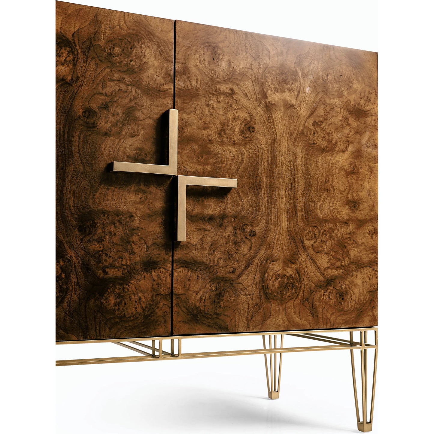 003 SI-2186352 | Closeup | Xo Sideboard by Jonathan Charles in brown and walnut burl, bronze. Made from walnut burl, stainless steel, brass in a modern style.